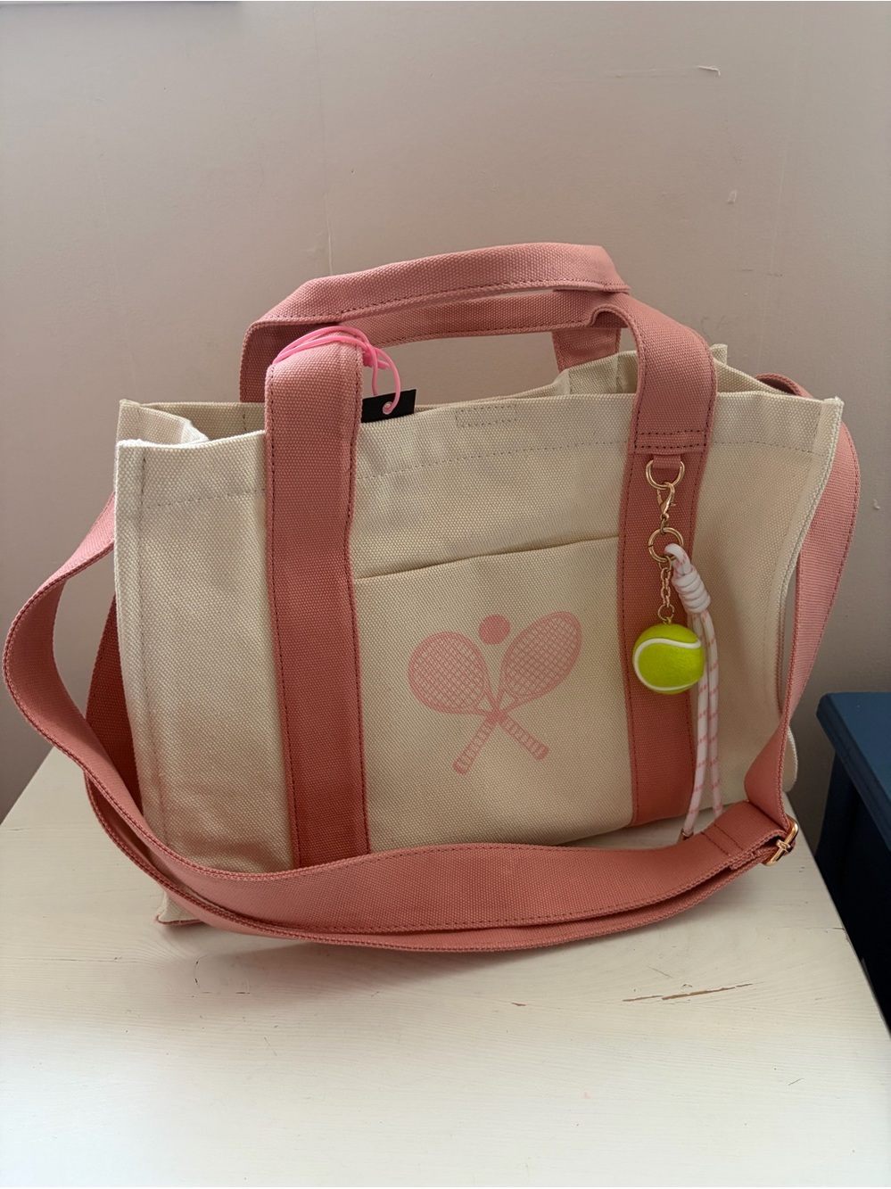 Canvas Tennis Tote Bag in Pink and Cream - Versatile Women's Shoulder Bag